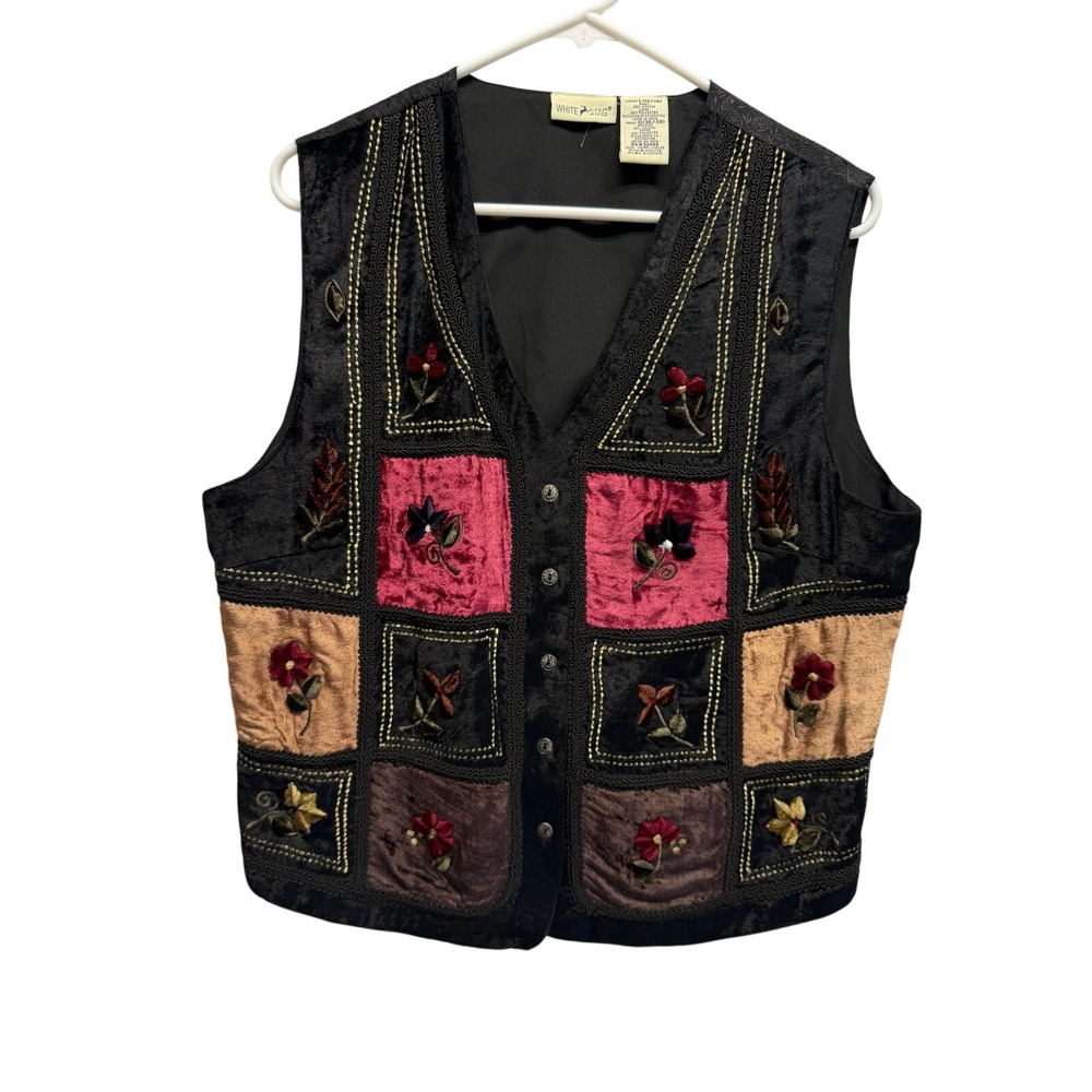 Vintage Velvet Patchwork Floral Embroidered Vest Black Red‎ Large L 12/14